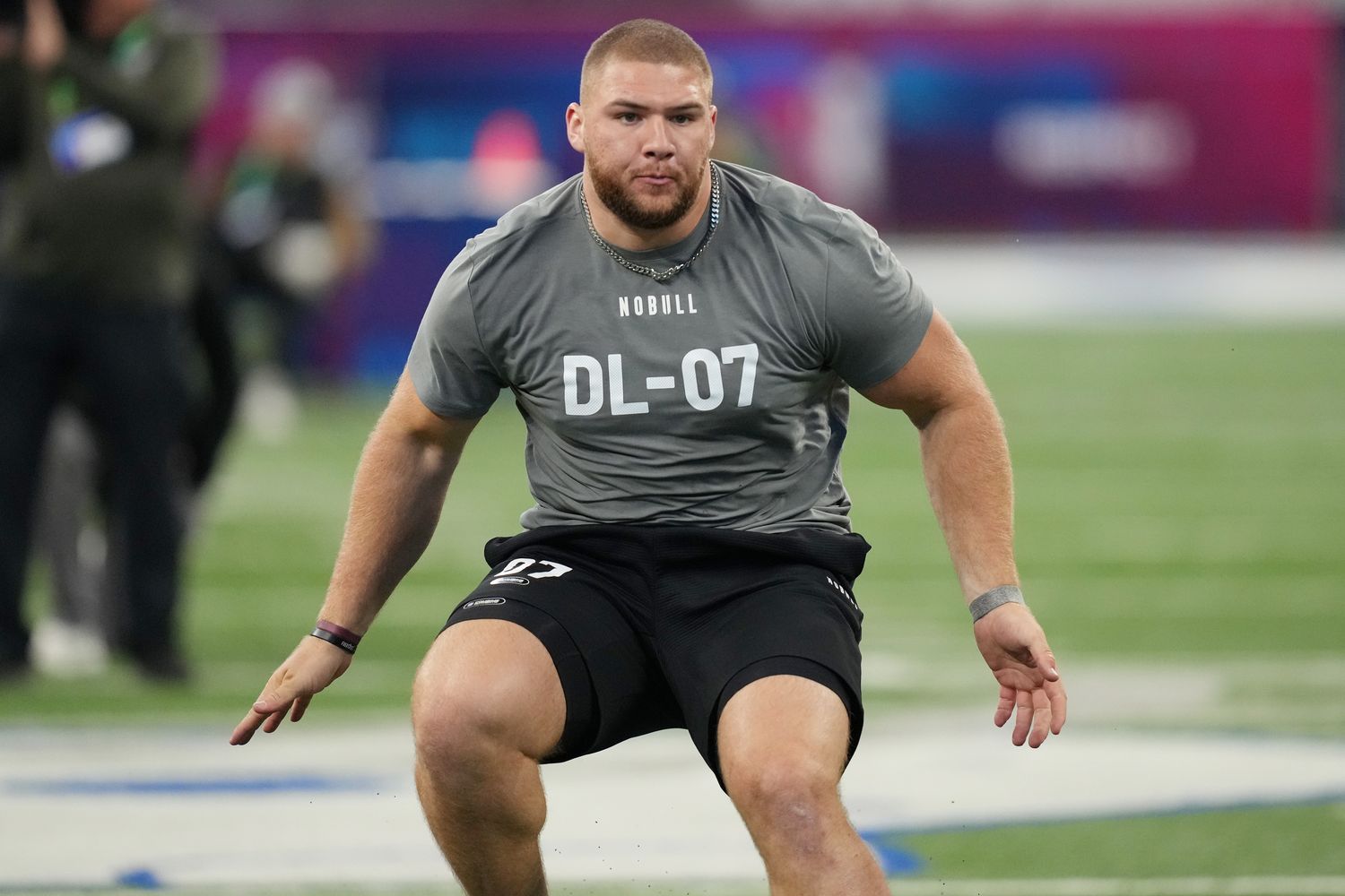 Indianapolis, IN, USA; Florida State defensive lineman Braden Fiske (DL07) works out during the 2024 NFL Combine at Lucas Oil Stadium. Mandatory Credit: Kirby Lee-USA TODAY Sports
